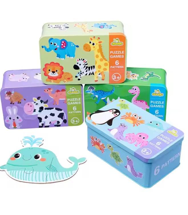 Animal Puzzle Tin Box – 6 Puzzle Set 🧩🐘🐳